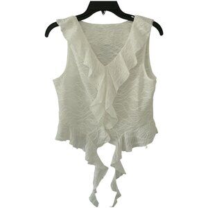 White Textured Ruffled V-Neck Blouse Top With Flounces